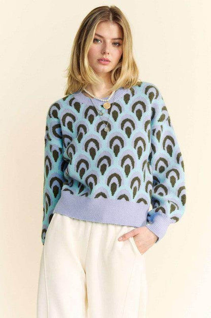 Davi &amp; Dani Scale Jacquard Round Neck Drop Shoulder Sweater