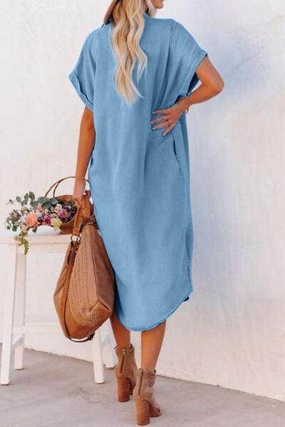 Slit Button Up Short Sleeve Imitation Denim Dress for Women