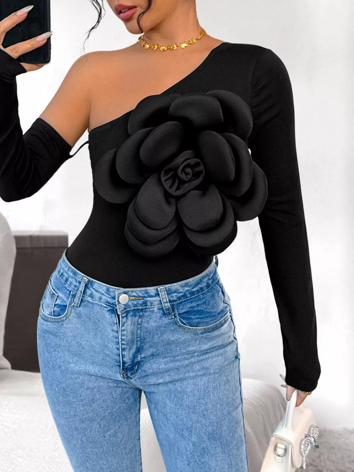 Flower Long Sleeve Single Shoulder Bodysuit