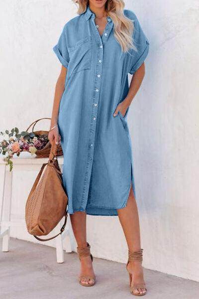 Slit Button Up Short Sleeve Imitation Denim Dress for Women