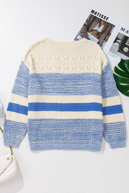 Openwork Striped Knit Long Sleeve Sweater