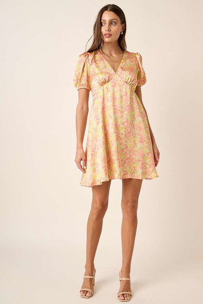 New Summer printed V-Neck Puff Sleeve Mini Dress – Trendy Floral Print with Ruched Detailing and Dramatic Puff Sleeves for a Feminine, Fashion-Forward Look