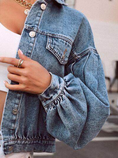 Collared Neck Dropped Shoulder Denim Top for Women