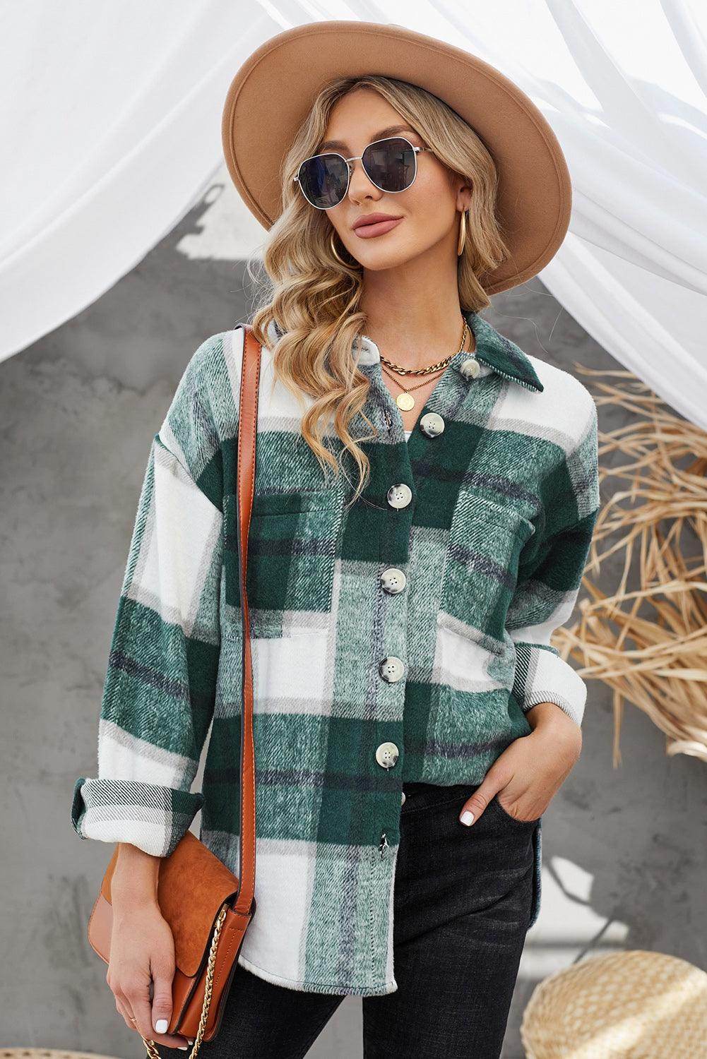 Plaid Button Up Dropped Shoulder Jacket for Women Stylish