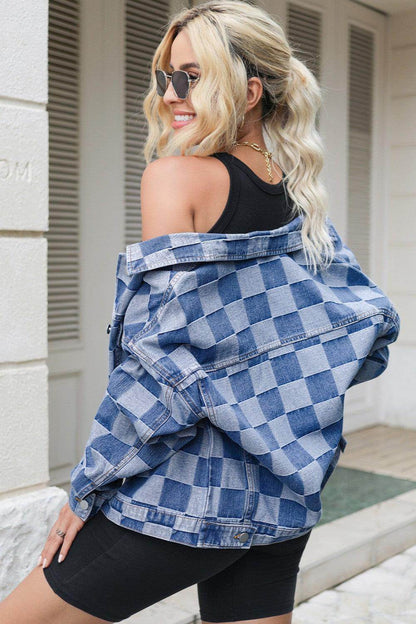 Checkered Button Up Long Sleeve Denim Jacket for Women