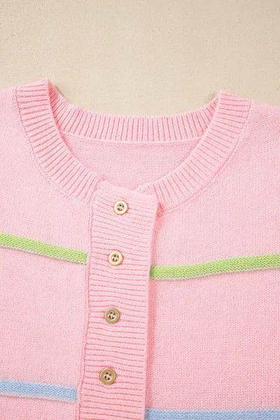 Contrast Striped Half Button Round Neck Sweater for Women