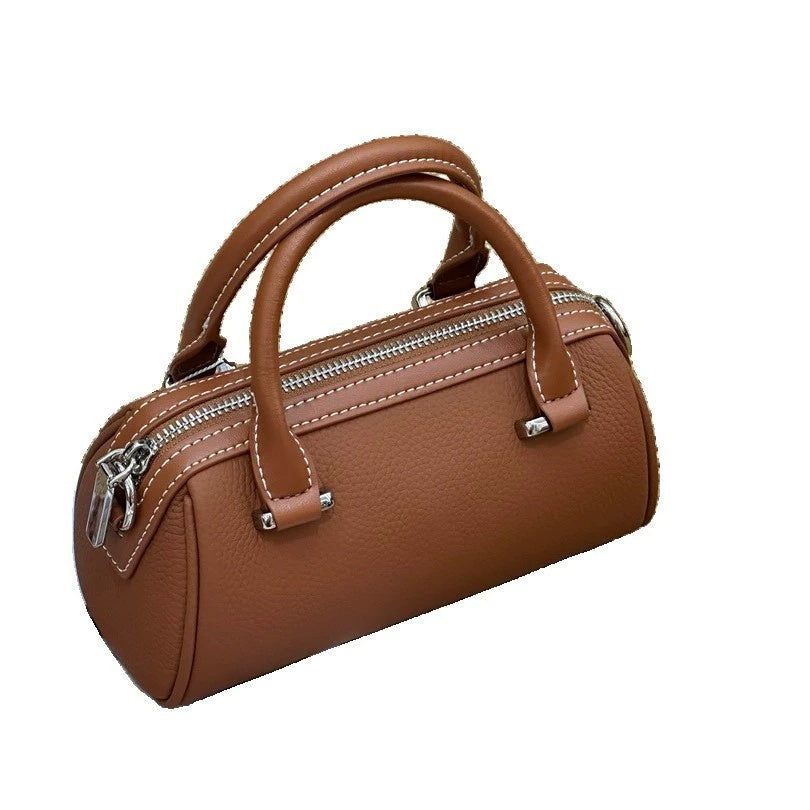 Cross-border Top-grain Leather Boston Pillow Bag, Single-shoulder, Crossbody Small Bag, Versatile Genuine Leather Women&