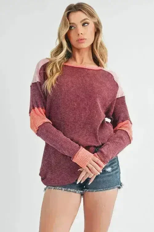Color Block Knit Top – Raw Seam Detail &amp; Cotton-Spandex Blend