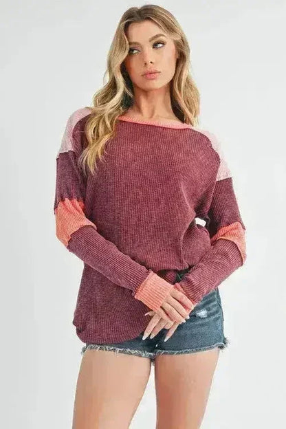 Color Block Knit Top – Raw Seam Detail &amp; Cotton-Spandex Blend