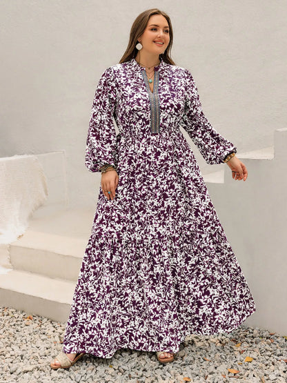 Plus Size Floral Print Maxi Dress with Long Sleeves