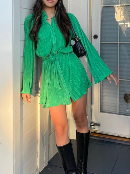 Tied Button-Up Long Sleeve Dress