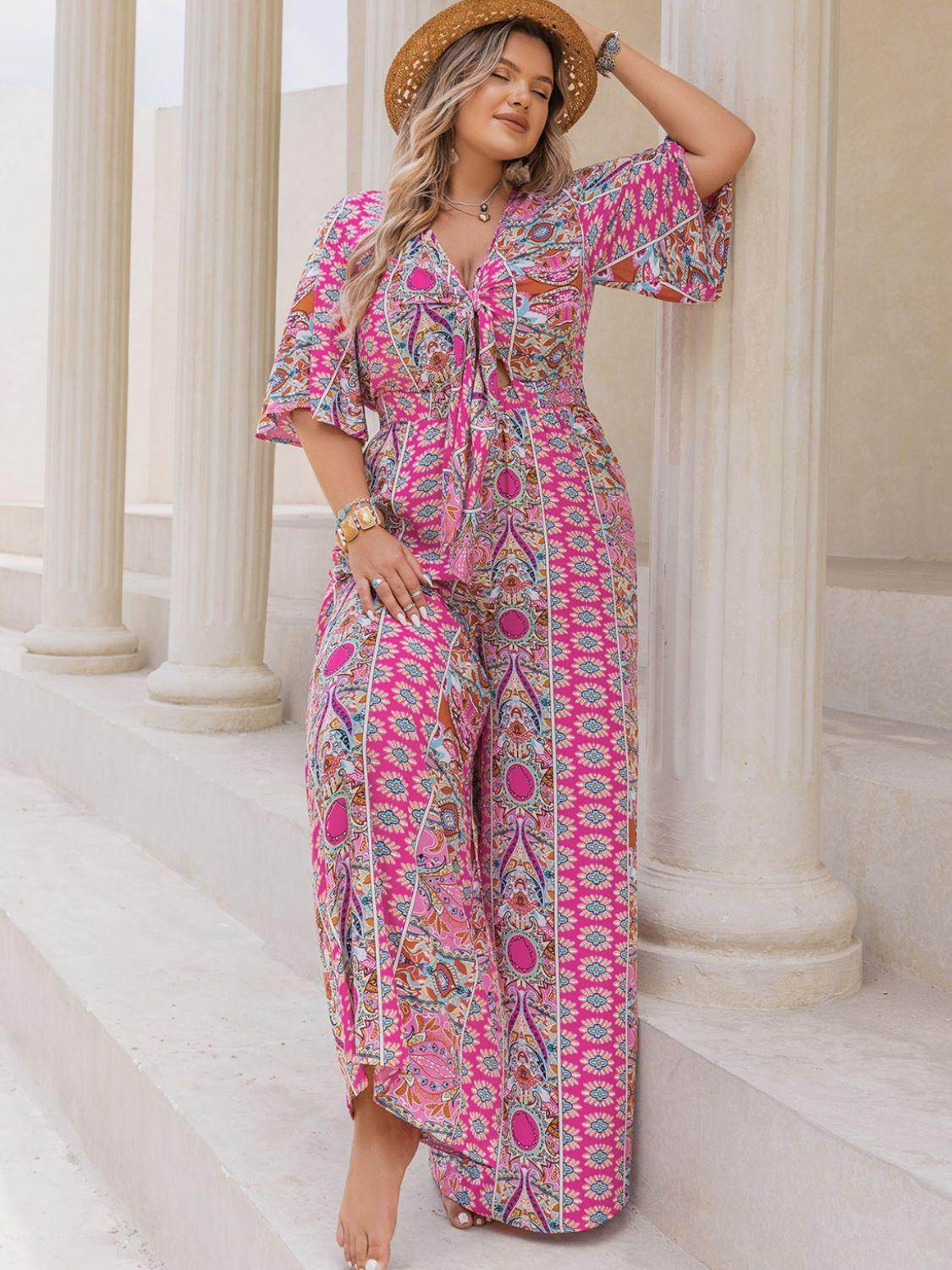 Plus Size Printed Half Sleeve Wide Leg Jumpsuit for Women