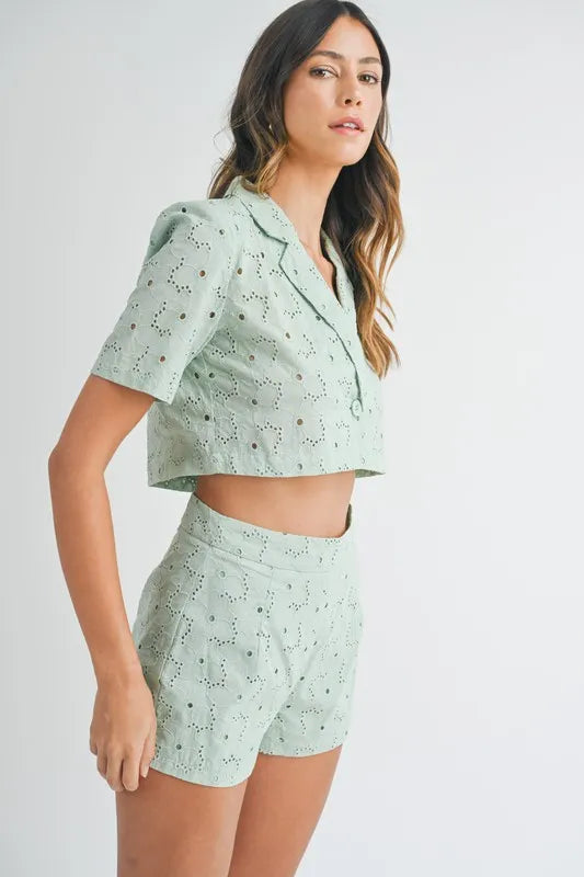 MABLE Eyelet Short Sleeve Crop Top and Shorts Set