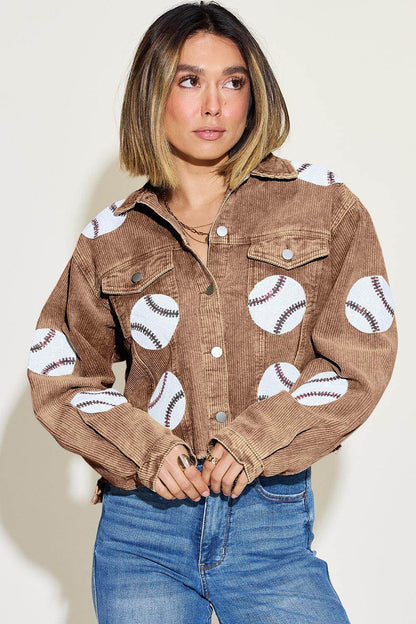 Baseball Sequin Dropped Shoulder Raw Hem Jacket for Women