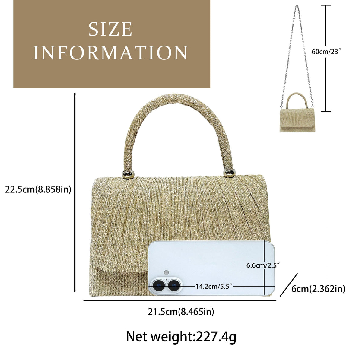 Festival Gold Crinkle Handbag - Party Must-Have Dressy Clutch, Elegant Shoulder Bag For Banquet And Evening