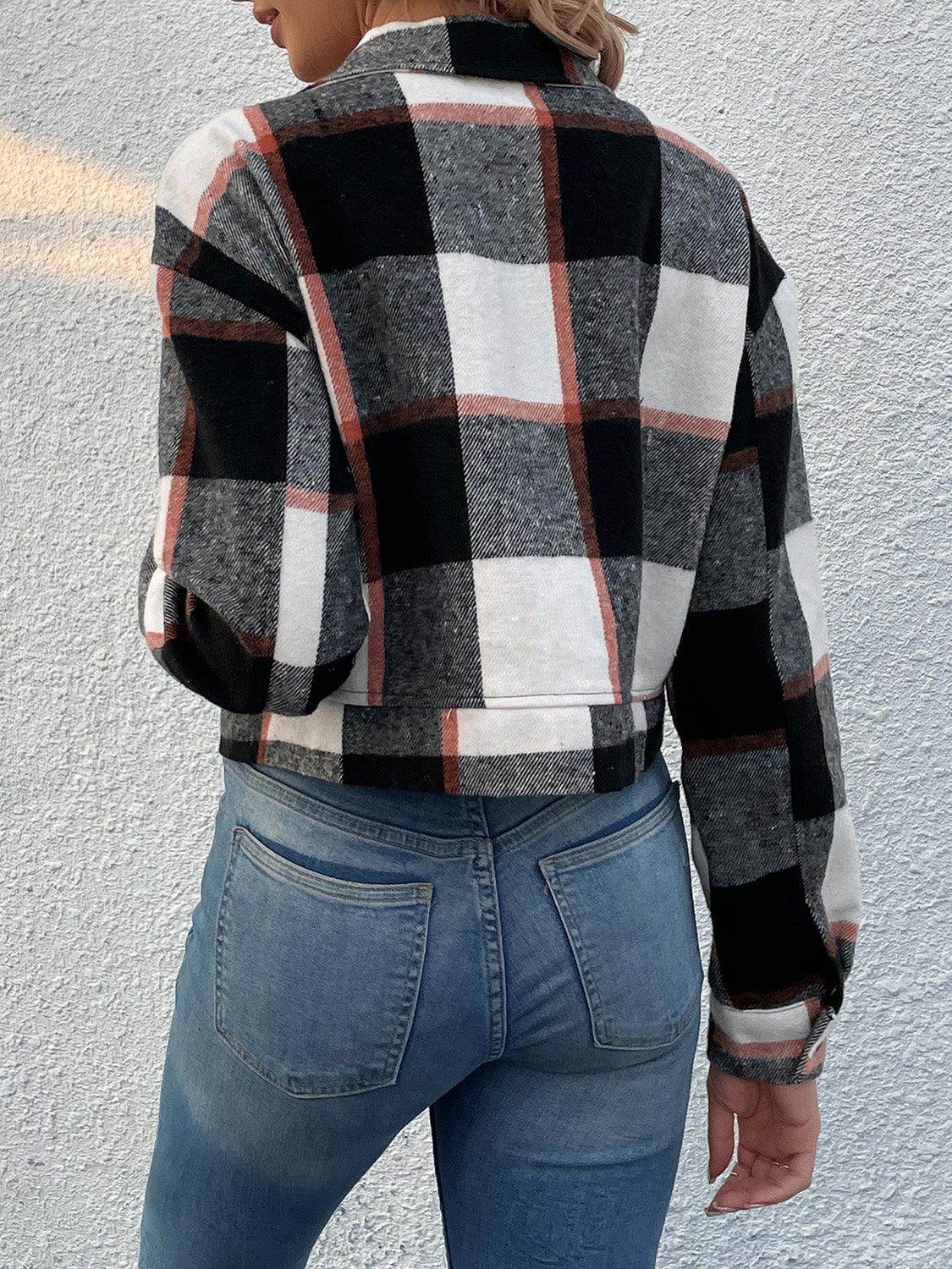 Perfee Plaid Button Up Drop Shoulder Cropped Jacket for Women