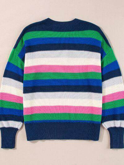 Contrast Striped Round Neck Long Sleeve Sweater for Women