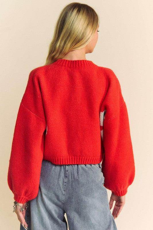 Davi &amp; Dani Flower Contrast Round Neck Long Sleeve Cardigan
