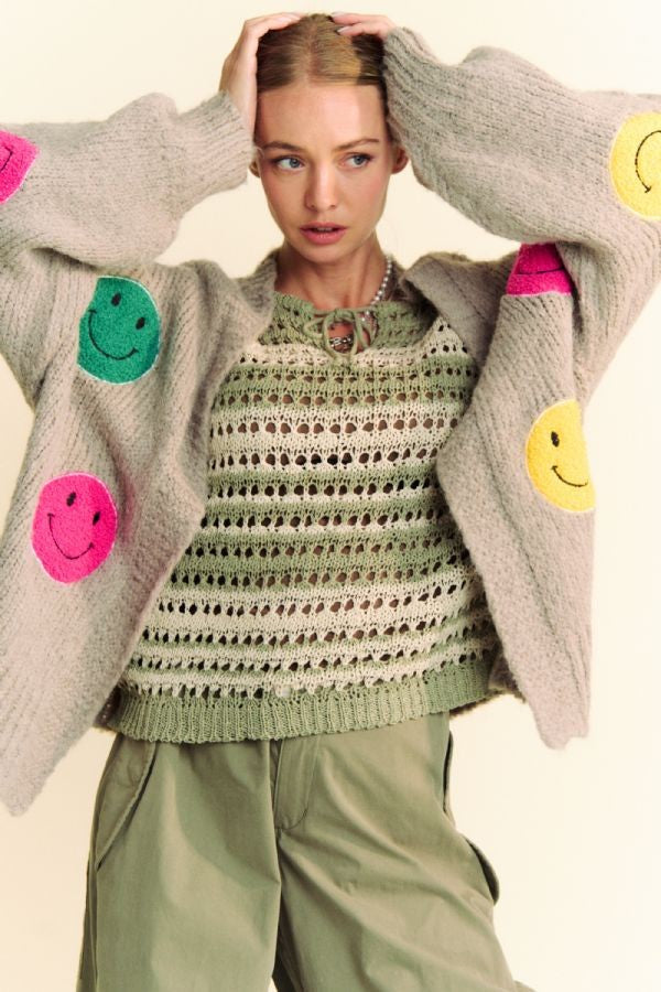 Back To School Sweater - Davi &amp; Dani Fuzzy Smile Open Front Long Sleeve Cardigan