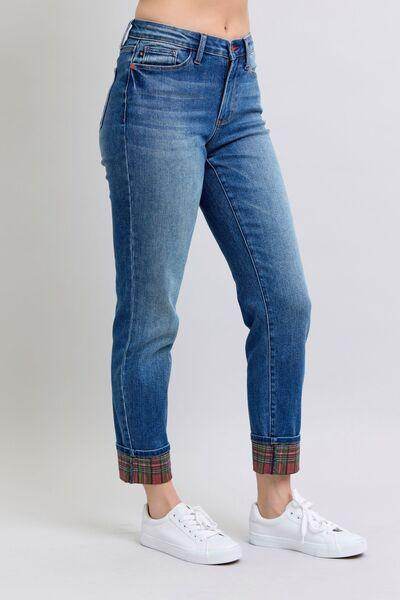 Judy Blue Full Size Plaid Print Cuff Straight Leg Jeans