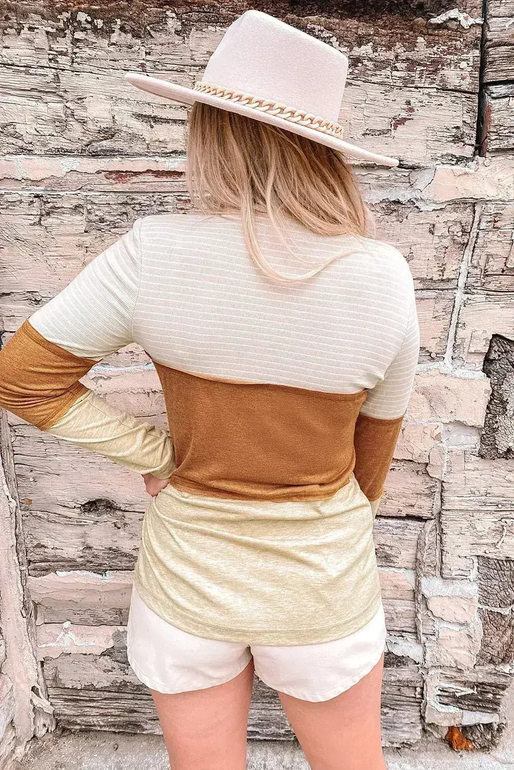 Orange Color Block Henley Top - Striped V-Neck Knit | Femstylo