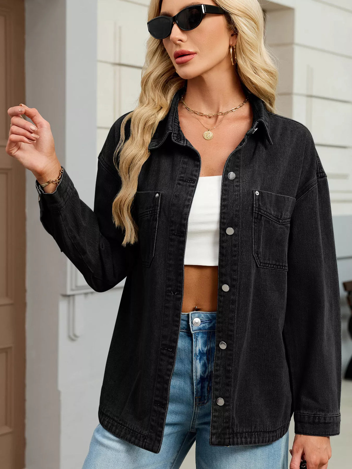 Button Up Dropped Shoulder Denim Jacket
