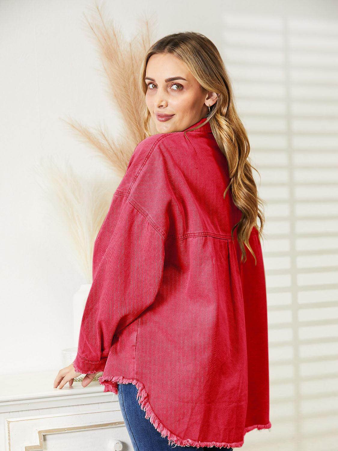 Distressed Raw Hem Denim Jacket for Relaxed Fit Style