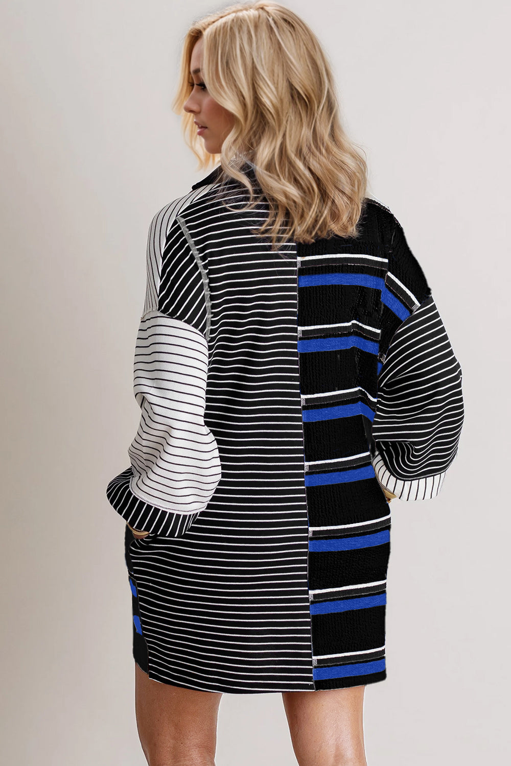 Full Size Striped Half Button Long Sleeve Mini Dress Trendy &amp; Casual Everyday Wear