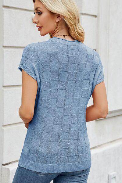 Checkered Round Neck Short Sleeve Knit Top for Women