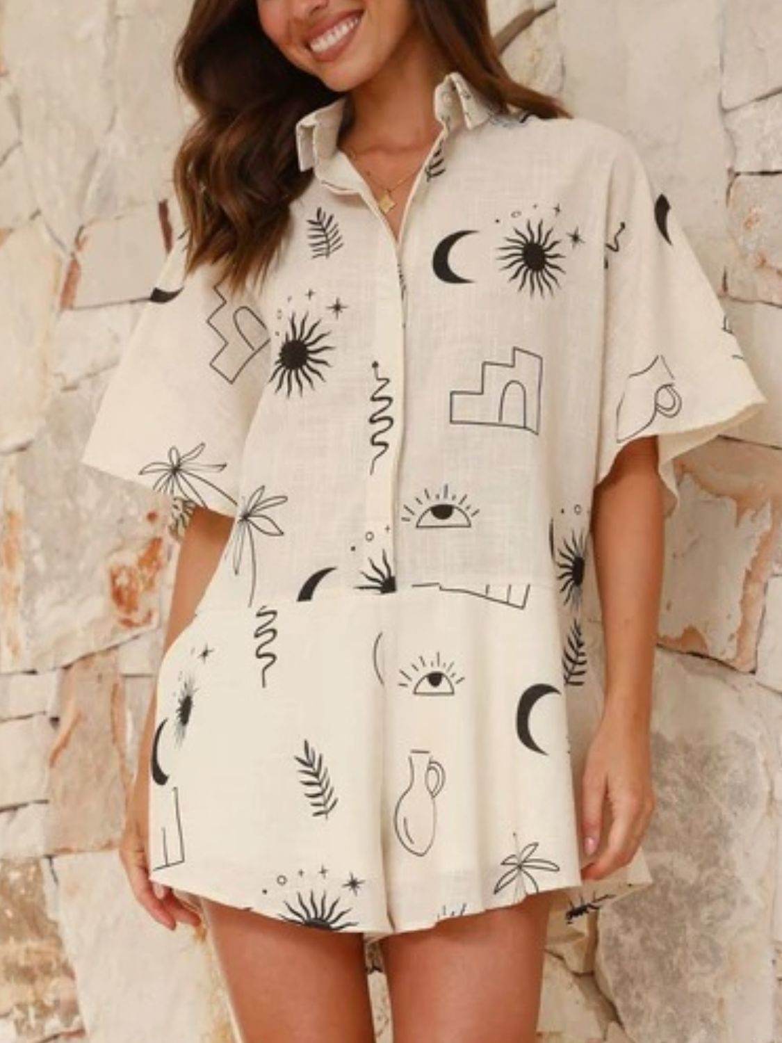 Printed Collared Neck Half Sleeve Romper For women