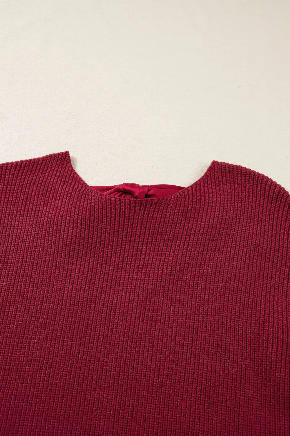 Ribbed Knit Ribbon Knot Backless Drop Shoulder Sweater