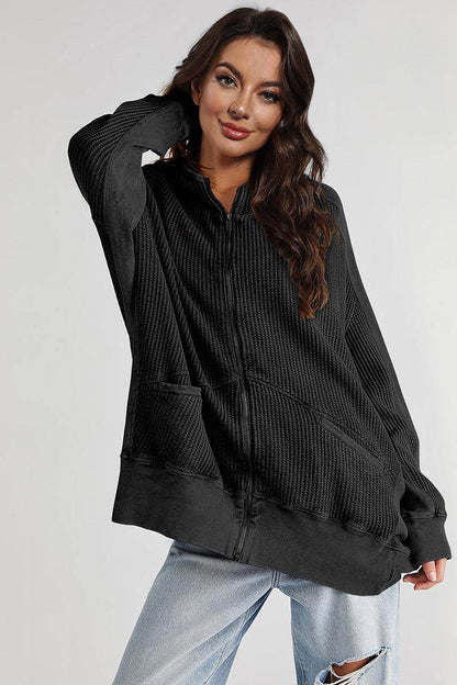 Zip-Up Long Sleeve Jacket with Hood and Pockets for Comfort