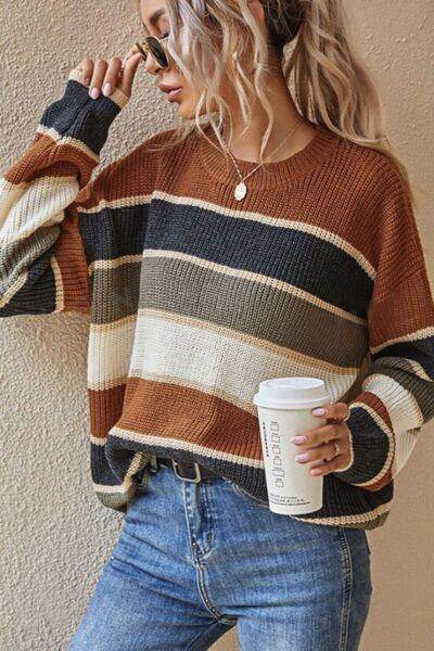 Contrast Striped Round Neck Long Sleeve Sweater for Women