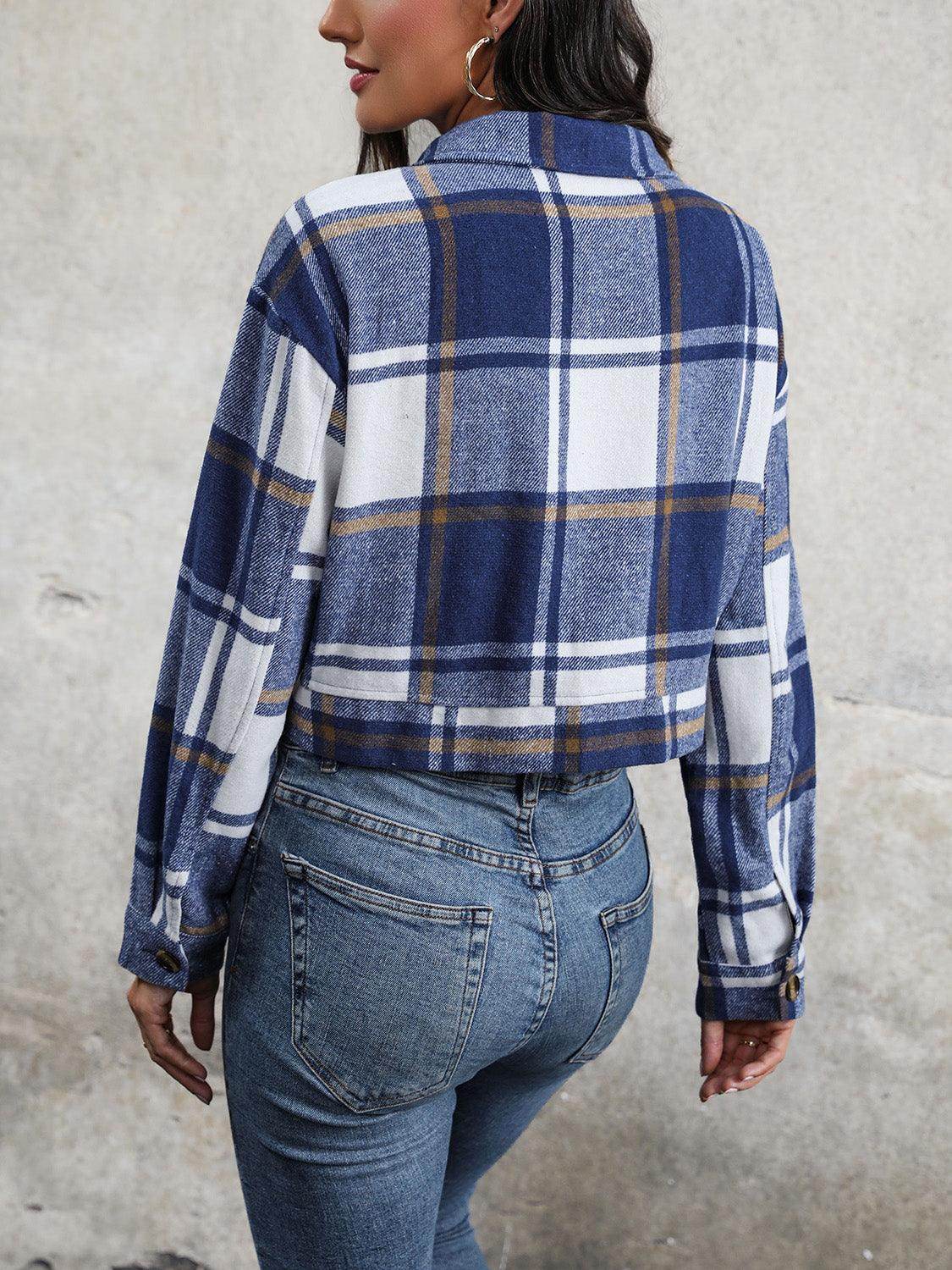 Perfee Plaid Button Up Drop Shoulder Cropped Jacket for Women