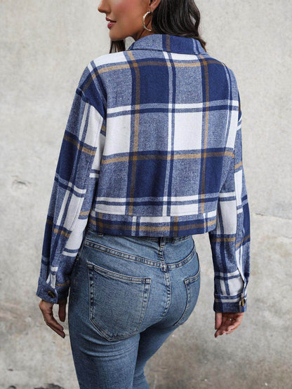 Perfee Plaid Button Up Drop Shoulder Cropped Jacket for Women