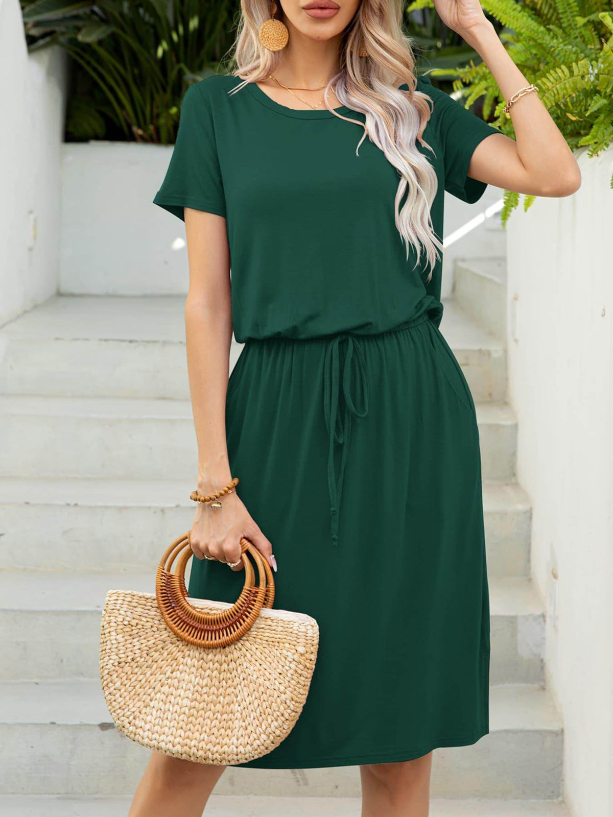 Round Neck Short Sleeve Slit Dress with Pockets for Women