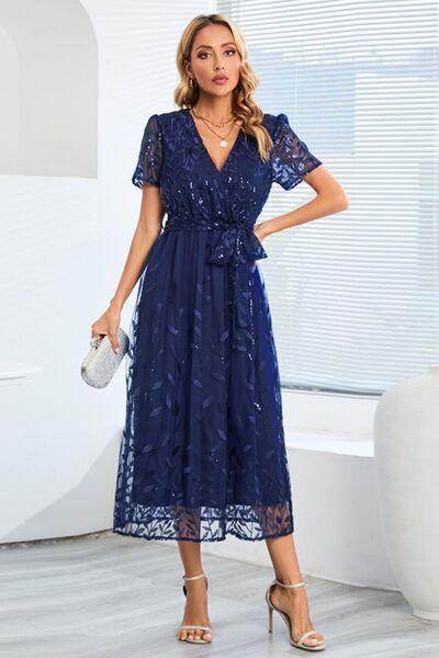 Sequin Leaf Embroidery Tie Front Short Sleeve Dress for Women