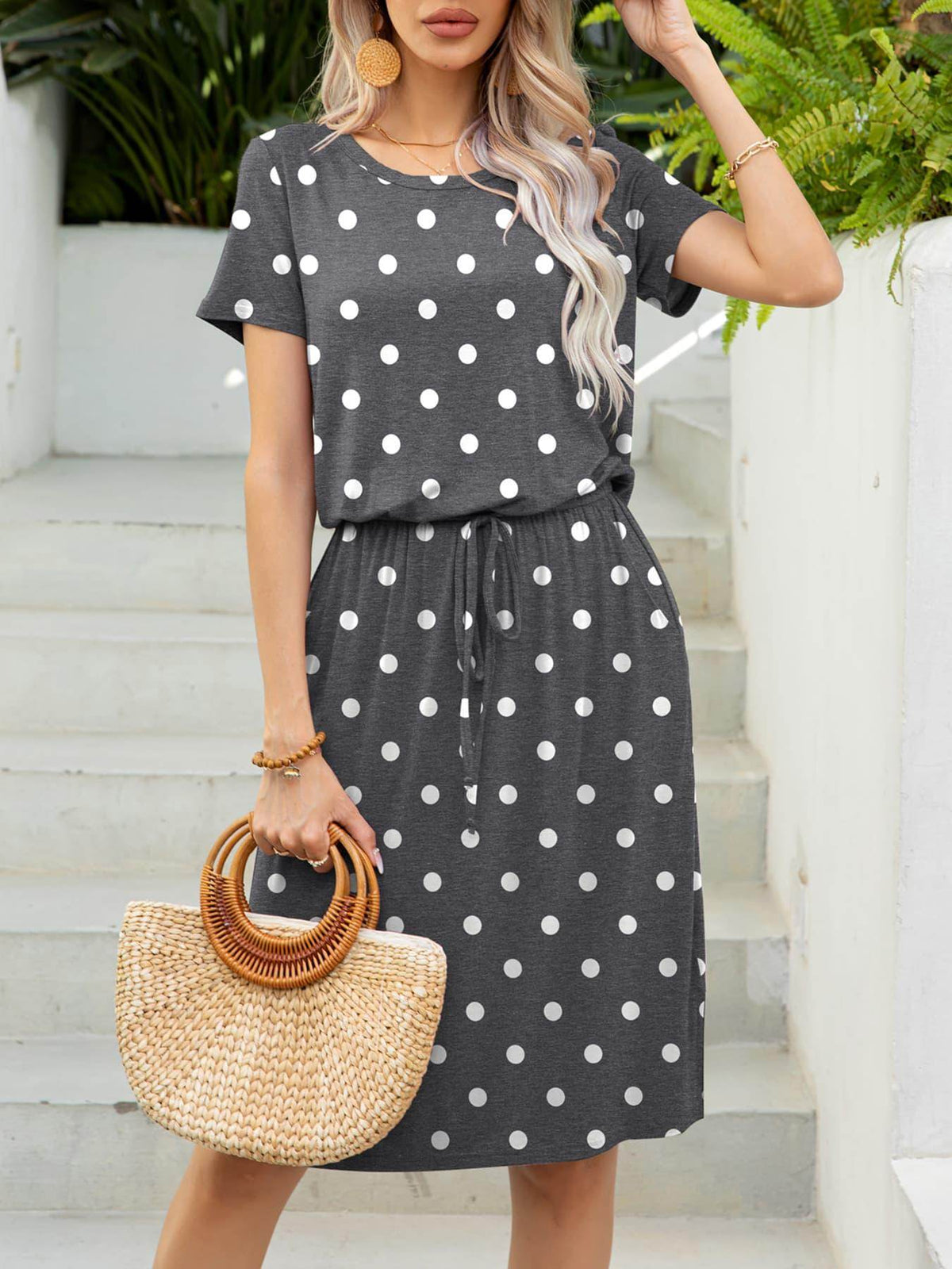 Round Neck Short Sleeve Slit Dress with Pockets for Women