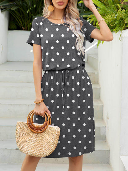 Round Neck Short Sleeve Slit Dress with Pockets for Women