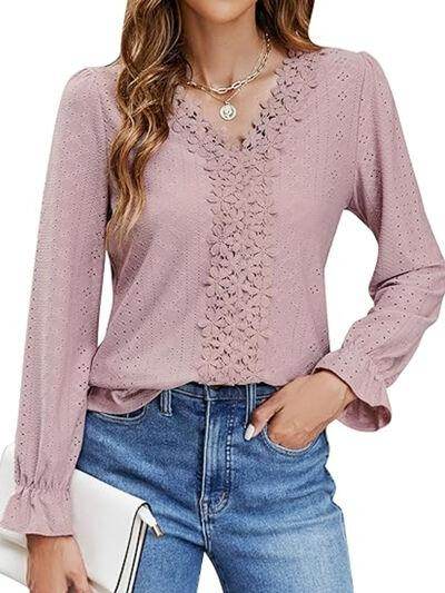 Lace Detail Eyelet V-Neck Flounce Sleeve Blouse for Women