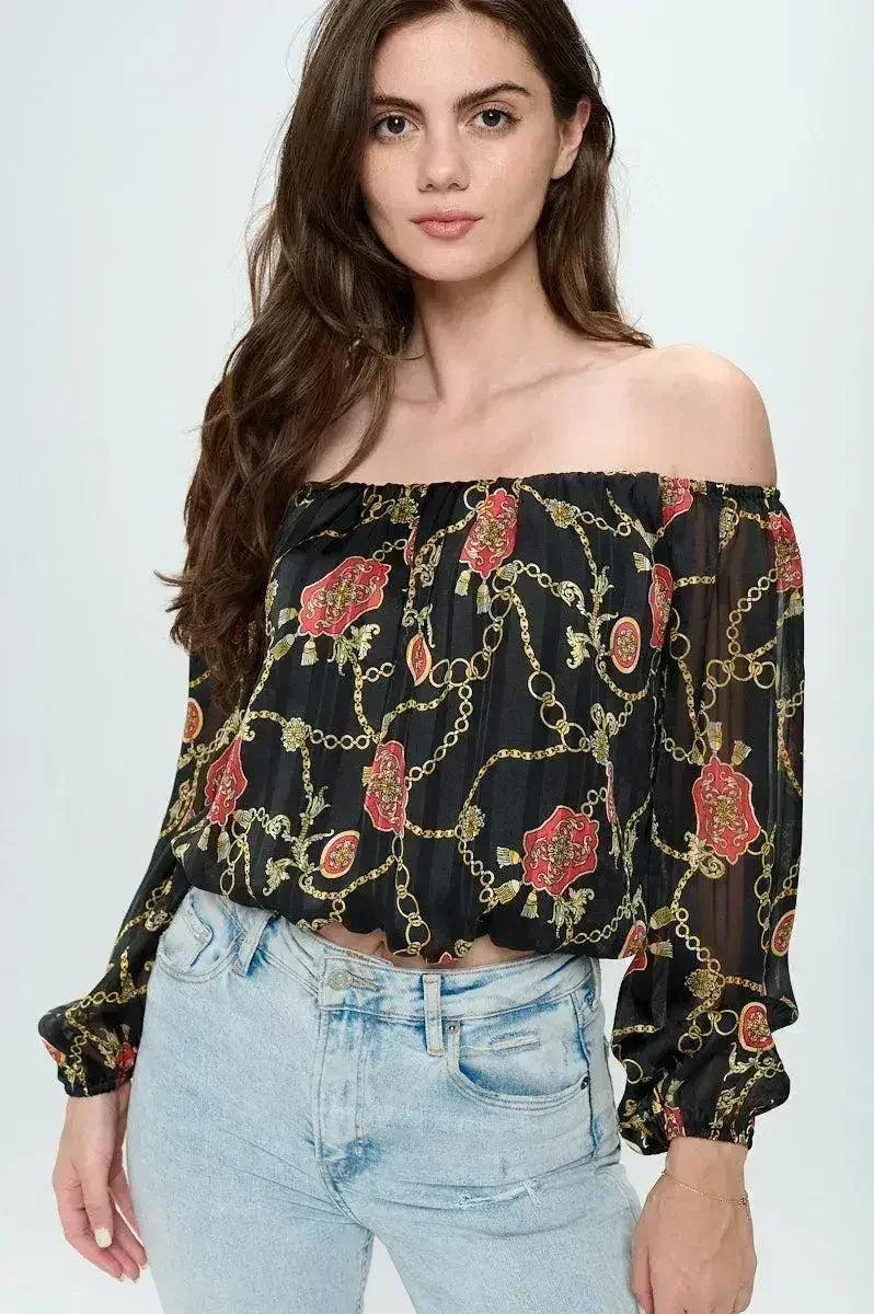 Off-Shoulder Chain Print Crop Top - Red &amp; Black Chiffon Blouse - Femstylo