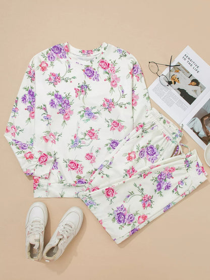 Floral Print Round Neck Top and Drawstring Pants Lounge Set