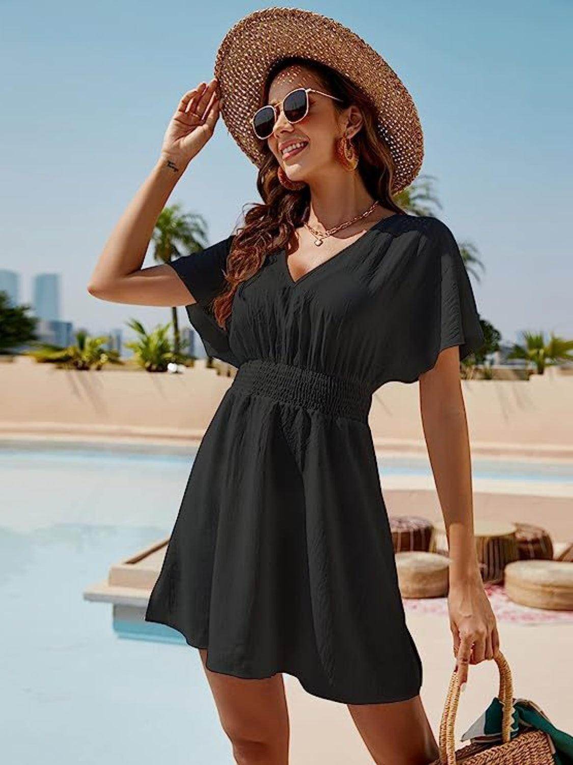 Smocked V-Neck Short Sleeve Dress for Effortless Style