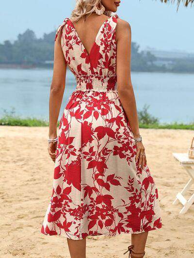 Perfee Smocked Printed Surplice Midi Dress for Women