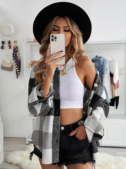 Plaid Button Up Dropped Shoulder Jacket for Women Stylish