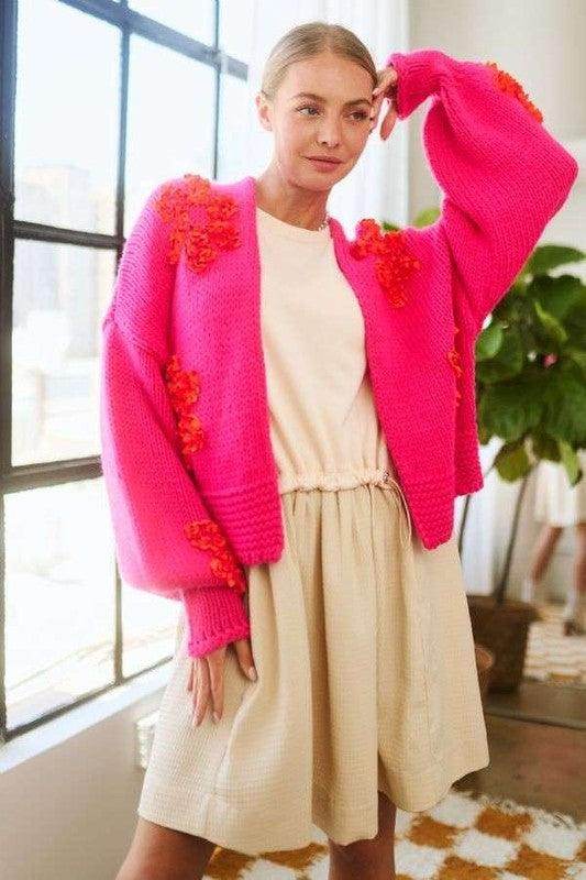Davi &amp; Dani Floral Applique Open Front Drop Shoulder Cardigan