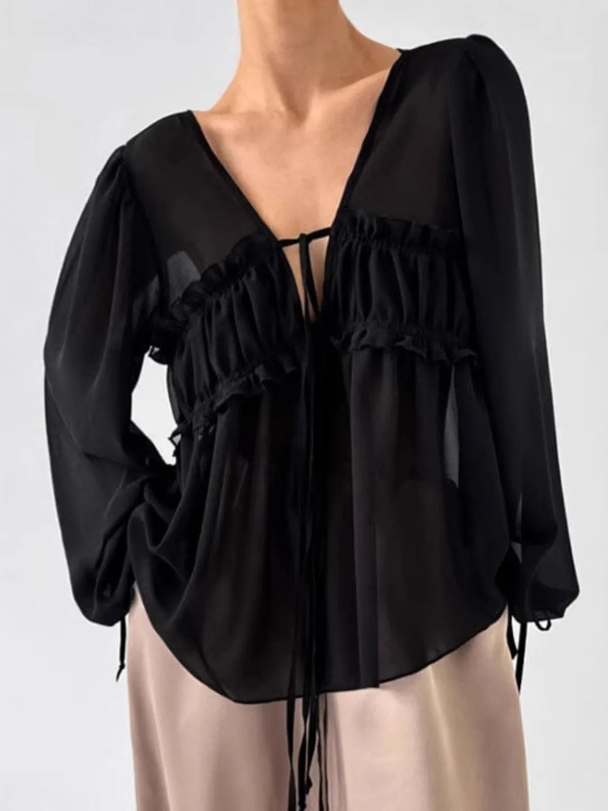 Ruffled Tie Front Long Sleeve Blouse