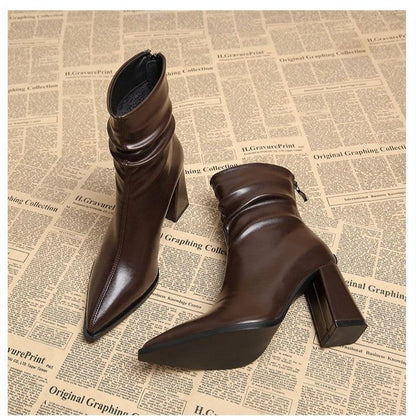 Pointed-toe Velvet-lined Warm High-heeled Boots For Women