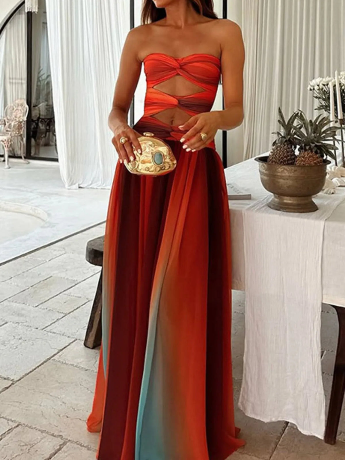 Strapless Cut-Out Rainbow Gradient Maxi Dress