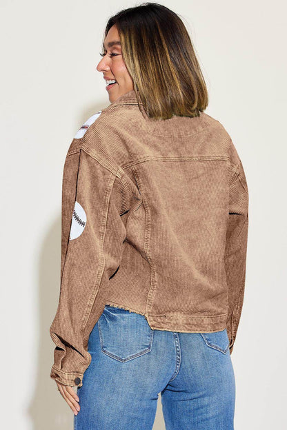 Baseball Sequin Dropped Shoulder Raw Hem Jacket for Women